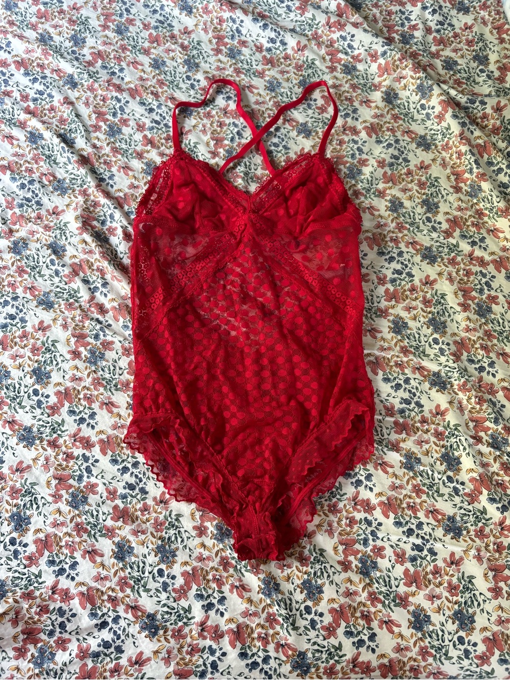 aerie Red Lace Sheer Chemise Bodysuit